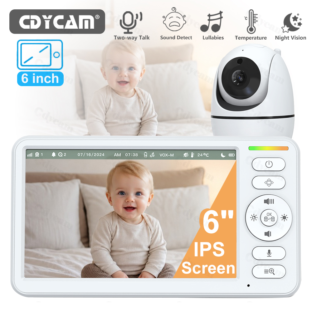 Audio Music Kids - 6インチビデオベビーモニターPTZホームセキュリティカメラナイトビジョン双方向音声WiFiなし子供用監視カメラ温度表示付き