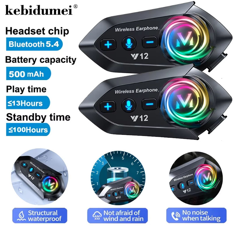 Audio Music App - Y12デュアルマイク搭載バイクヘルメットヘッドセット、ワイヤレスハンズフリー通話電話キット、防水MP3音楽プレーヤースピーカー、FMラジオイヤホン