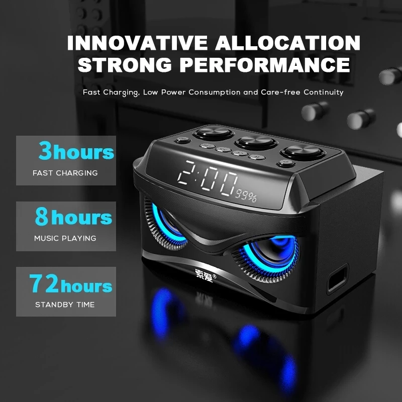 Audio Music Video - 多機能ワイヤレスBluetoothスピーカー,ポータブルサブウーファー,画面とアラーム通知付きのミニサウンドボックス,ミュージックセンター,FMラジオ