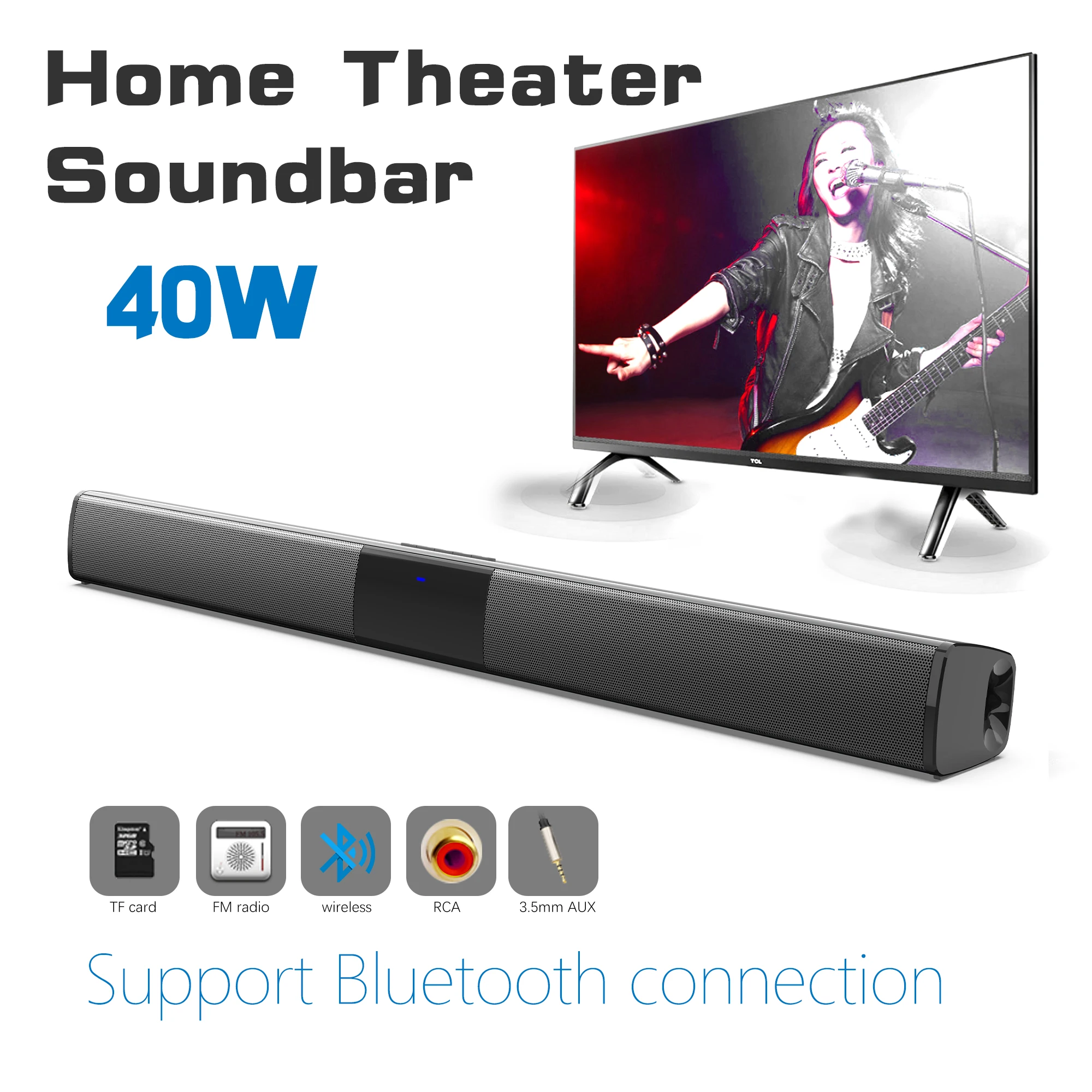 Audio Music Center - Bluetoothワイヤレスサウンドバー,40W,ホームシアター,サウンドシステム,FMラジオ,サブウーファー,RCAサウンドボックス,TFカード,テレビ,コンピューター