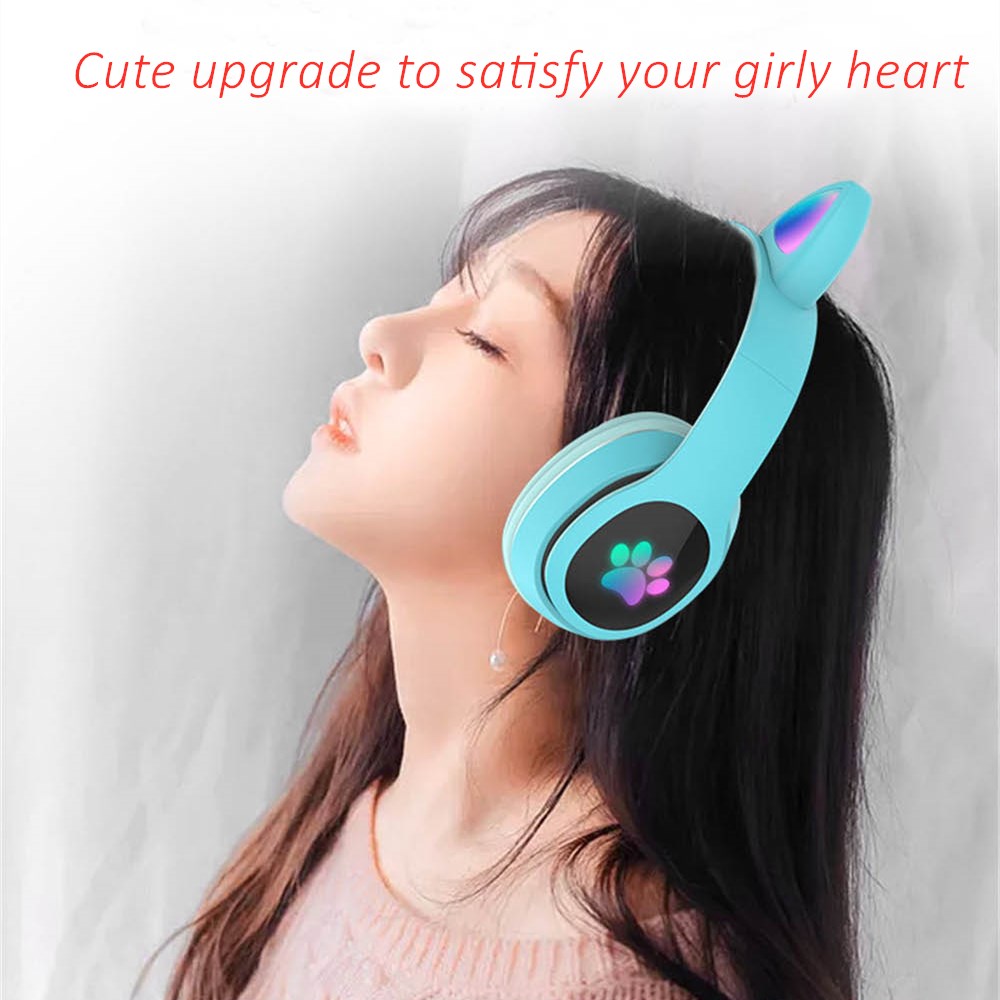Audio Music Kids - キュートな猫型LEDワイヤレスヘッドホン、Bluetoothヘッドセット（マイク、TFカード、MP3再生機能付き）、子供/女の子向け音楽イヤホン、子猫ヘルメット型イヤホン、誕生日プレゼントに最適
