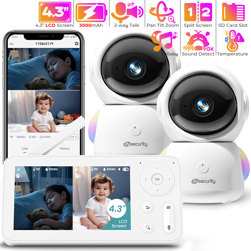 Audio Music App - カメラとオーディオを備えたベビーモニター,常夜灯,2台のカメラ,wifi,スマートフォン,2.4g,保育園,ペット,高齢者向け,355 ° 回転,RGB, 2k