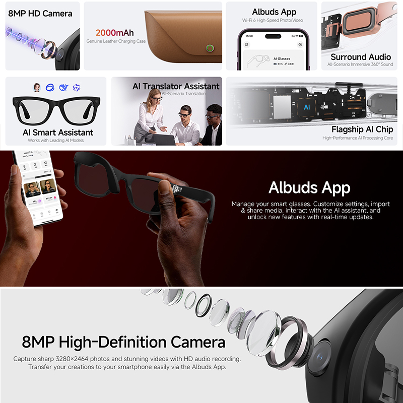 新型スマートグラス 知能認識機能付き音声通話 800万画素カ - Audio Music Recognition のレビューと価格